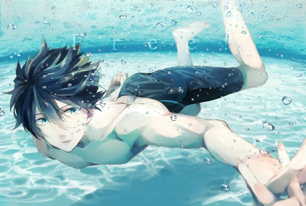 Anime picture 1184x800 with free! kyoto animation nanase haruka (free!) ymst9 single short hair blue eyes black hair looking away holding hands underwater boy water bubble (bubbles) pool