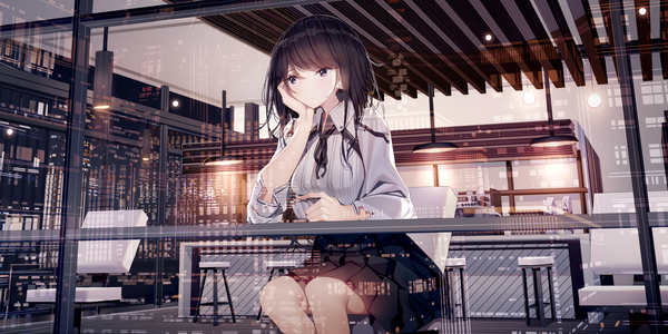 Anime picture 2160x1080 with original atha (leejuiping) single long hair blush fringe highres black hair hair between eyes wide image sitting looking away indoors black eyes reflection head rest girl skirt shirt window
