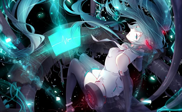 Anime picture 1000x616 with vocaloid vocaloid append hatsune miku hatsune miku (append) phino (jinko0094) single looking at viewer wide image sitting twintails very long hair aqua eyes aqua hair arm support sparkle tattoo arched back space girl gloves