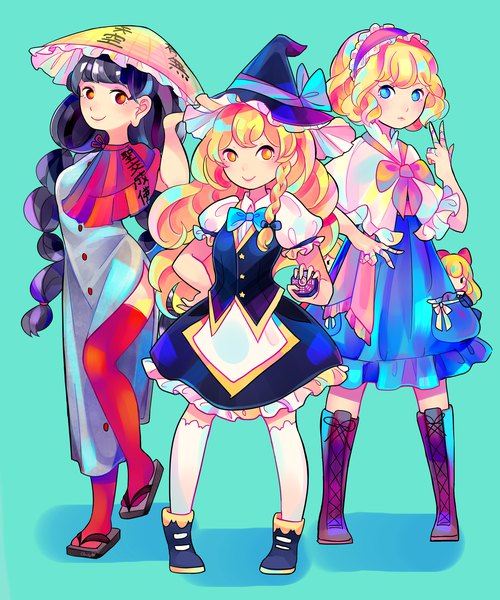 Anime picture 3000x3600 with touhou kirisame marisa alice margatroid shanghai yatadera narumi cloudytian long hair tall image looking at viewer fringe highres short hair blue eyes black hair simple background blonde hair smile red eyes standing multiple girls