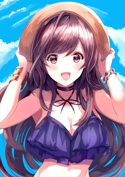 Anime picture 848x1200 with idolmaster idolmaster shiny colors tsukioka kogane sone (takahiro-osone) single long hair tall image looking at viewer blush fringe breasts open mouth light erotic smile hair between eyes brown hair large breasts holding brown eyes sky