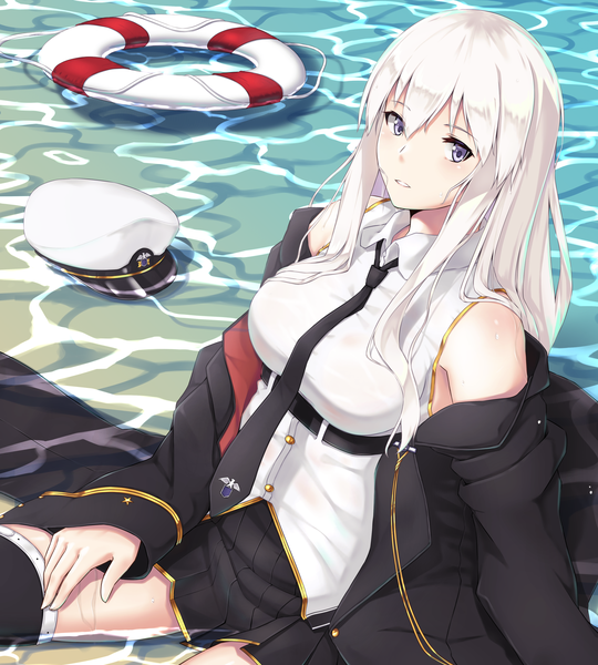 Anime picture 2160x2400 with azur lane enterprise (azur lane) enchuu single long hair tall image looking at viewer fringe highres breasts hair between eyes sitting purple eyes bare shoulders payot silver hair parted lips pleated skirt off shoulder open clothes