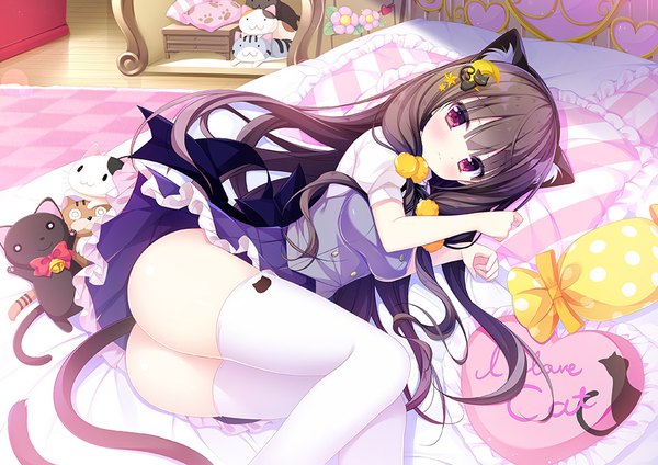 Anime picture 960x679 with original makulove nekomura shiori shiwasu horio single long hair looking at viewer blush fringe breasts light erotic brown hair twintails animal ears indoors tail lying blunt bangs animal tail pleated skirt