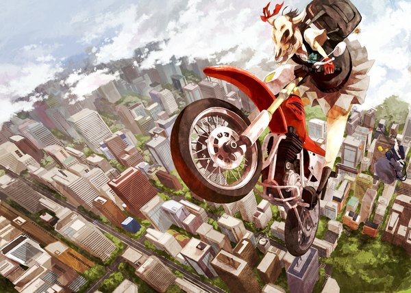 Anime picture 1196x855 with original 9ji cloud (clouds) horn (horns) city cityscape jumping skirt ribbon (ribbons) serafuku food bag mask skull motorcycle obento