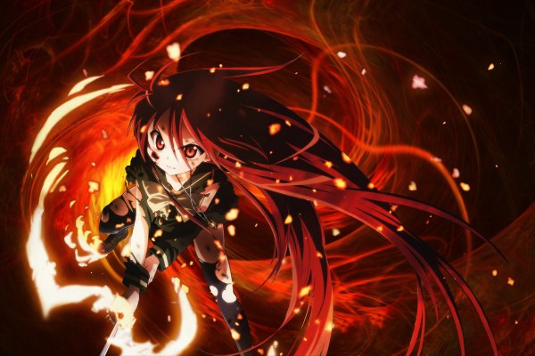 Anime picture 1200x800 with shakugan no shana j.c. staff shana single red eyes red hair very long hair torn clothes looking up angry battle girl uniform school uniform sword fire