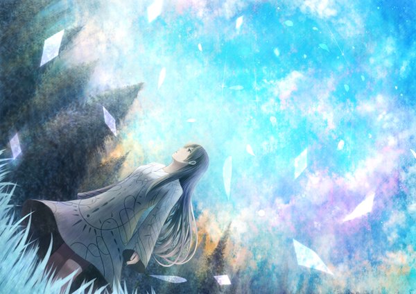 Anime picture 1400x990 with original bounin single long hair black hair sky cloud (clouds) black eyes girl plant (plants) grass