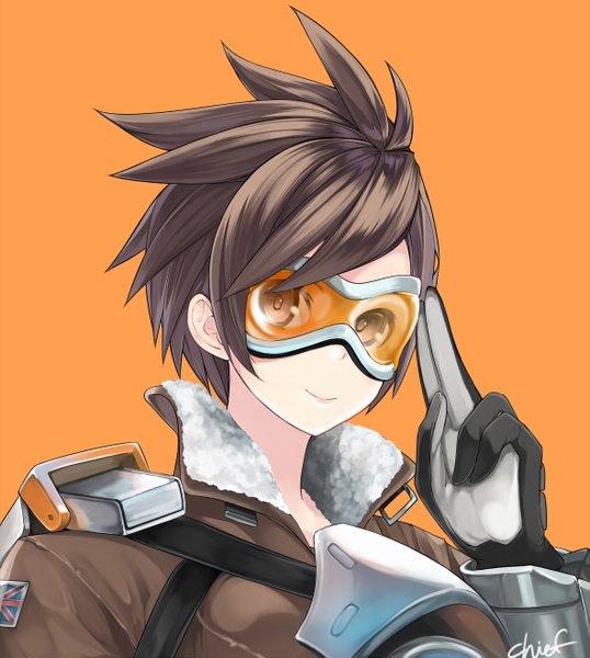 Anime picture 1181x1315 with overwatch blizzard entertainment tracer (overwatch) art is de4d single tall image looking at viewer fringe short hair simple background smile brown hair brown eyes signed payot long sleeves light smile lips portrait spiked hair