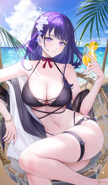 Anime picture 1400x2400 with genshin impact raiden shogun rity single long hair tall image looking at viewer fringe breasts light erotic large breasts sitting purple eyes holding signed sky purple hair cloud (clouds) outdoors blunt bangs