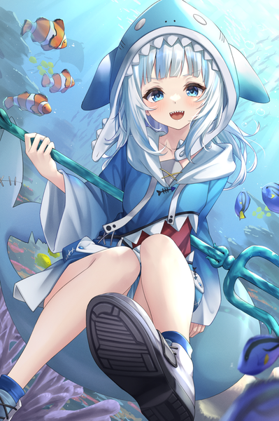 Anime picture 1360x2047 with virtual youtuber hololive hololive english gawr gura gawr gura (1st costume) tsurupy single long hair tall image looking at viewer open mouth blue eyes silver hair :d multicolored hair streaked hair underwater animal hood girl animal