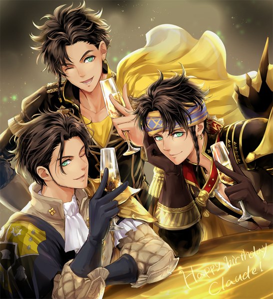 Anime picture 800x878 with fire emblem fire emblem: three houses nintendo claude von riegan hksi1pin tall image looking at viewer open mouth smile brown hair holding green eyes upper body one eye closed wink multiple boys character names ;d happy birthday multiple persona