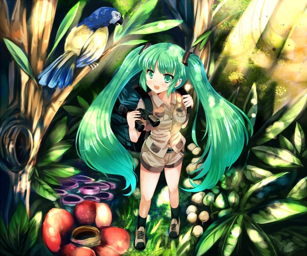 Anime picture 1260x1050 with vocaloid hatsune miku xephonia single long hair open mouth twintails aqua eyes aqua hair nature girl flower (flowers) plant (plants) shorts bag camera parrot