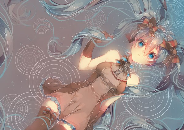 Anime picture 3541x2507 with vocaloid hatsune miku tears namida single highres twintails bare shoulders absurdres lying very long hair aqua eyes from above aqua hair grey background partially submerged afloat girl thighhighs dress gloves