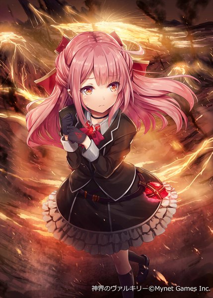 Anime picture 643x900 with shinkai no valkyrie nurse cairn akkijin single long hair tall image blush fringe yellow eyes payot looking away pink hair full body ahoge long sleeves official art floating hair sweatdrop walking frilly skirt