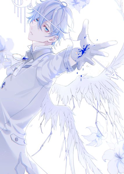 Anime picture 2323x3265 with original byuey single tall image looking at viewer fringe highres short hair blue eyes simple background hair between eyes standing white background white hair long sleeves parted lips outstretched arm white wings boy flower (flowers)