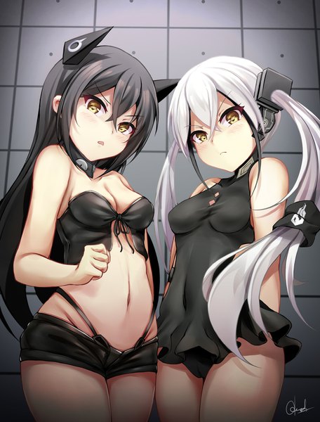 Anime picture 2480x3261 with girls frontline destroyer (girls frontline) judge (girls frontline) chrisandita long hair tall image looking at viewer blush fringe highres breasts open mouth light erotic black hair hair between eyes standing twintails bare shoulders multiple girls signed