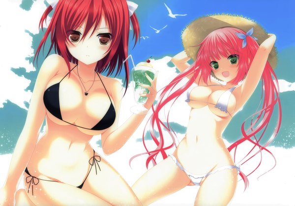 Anime picture 4260x2979 with original makita maki long hair looking at viewer blush highres short hair breasts open mouth light erotic large breasts twintails multiple girls brown eyes green eyes pink hair absurdres cloud (clouds) red hair girl