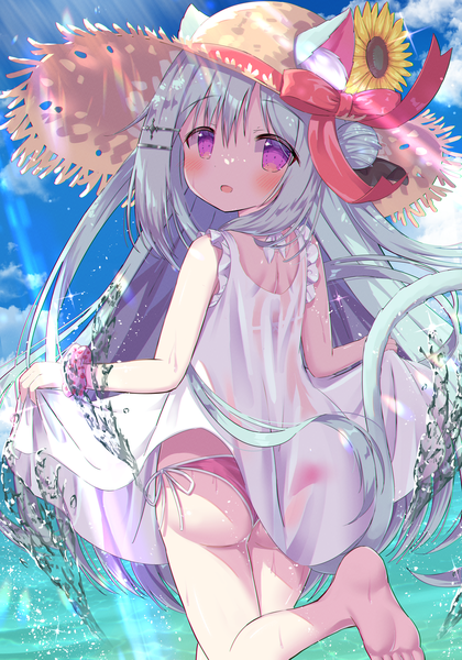 Anime picture 2929x4181 with original siera (sieracitrus) single long hair tall image looking at viewer blush fringe highres open mouth light erotic smile hair between eyes standing purple eyes animal ears sky cloud (clouds) outdoors ass