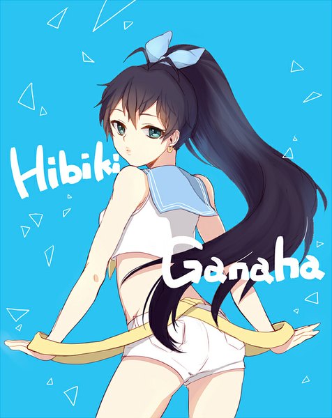 Anime picture 700x881 with idolmaster ganaha hibiki himaya single long hair tall image looking at viewer blue eyes black hair bare shoulders ahoge ponytail looking back character names blue background sailor swimsuit (idolmaster) girl bow hair bow earrings