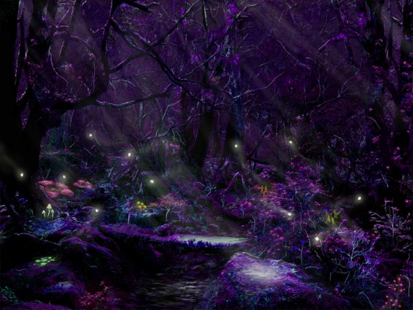 Anime picture 1280x960 with lumiere8939 night fantasy flower (flowers) plant (plants) tree (trees) water forest fireflies