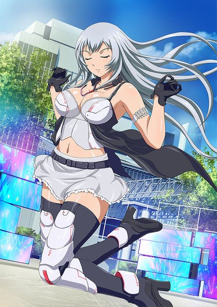 Anime picture 600x847 with ikkitousen chouun shiryuu single long hair tall image breasts light erotic silver hair eyes closed girl thighhighs skirt gloves navel black thighhighs miniskirt black gloves