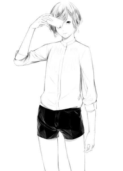 Anime picture 1100x1519 with original sousou (sousouworks) single tall image looking at viewer short hair simple background white background white hair monochrome casual boy shirt shorts mobile phone cellphone camera