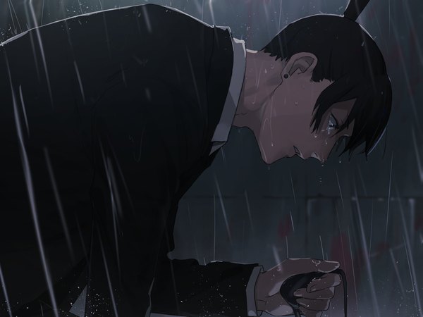 Anime picture 1600x1200 with chainsaw man mappa hayakawa aki ikanyoikanikan single short hair holding upper body ponytail profile leaning leaning forward tears looking down rain crying boy earrings eyepatch suit
