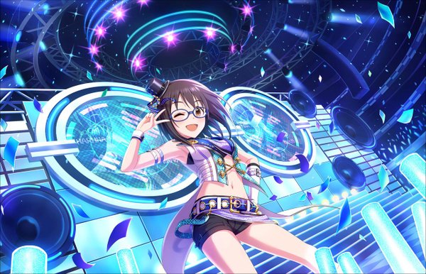 Anime picture 1280x824 with idolmaster idolmaster cinderella girls idolmaster cinderella girls starlight stage kamijou haruna single short hair black hair brown eyes looking away one eye closed wink girl hat glasses shorts short shorts mini hat mini top hat confetti