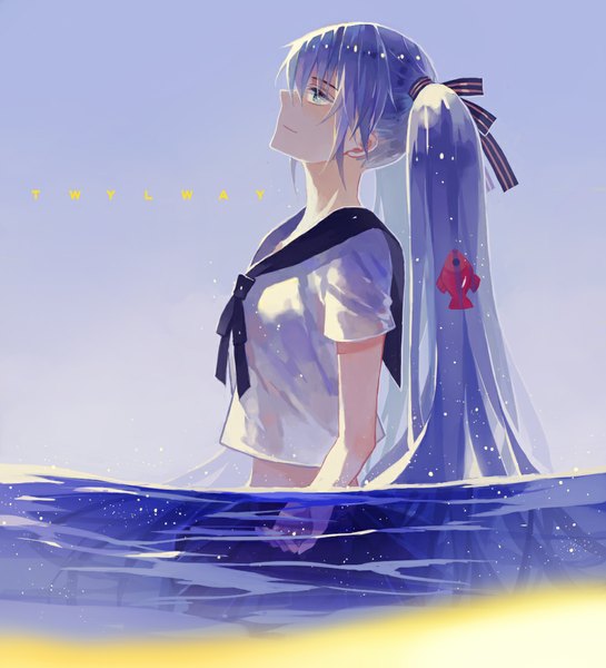 Anime picture 1000x1101 with vocaloid hatsune miku bottle miku twylway single long hair tall image blue eyes twintails signed blue hair profile liquid hair girl ribbon (ribbons) hair ribbon water serafuku fish (fishes)