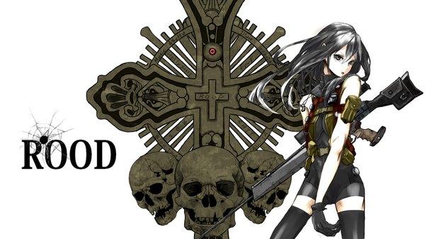 イラスト 2304x1296 と ボーカロイド イア (ボーカロイド) 長髪 カメラ目線 highres 黒髪 wide image head tilt black eyes alternate costume bone (bones) alternate color broken 女の子 ストッキング 手袋 黒ストッキング ショーツ ベルト 銃砲