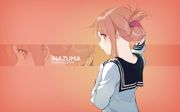 Anime-Bild 1920x1200 mit kantai collection inazuma destroyer assassinwarrior duoyuanjun single long hair blush highres open mouth simple background brown hair brown eyes upper body looking back from behind wallpaper copyright name character names gradient background zoom layer