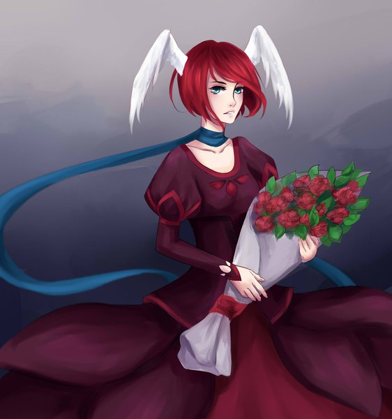 Anime-Bild 1636x1747 mit original lon-li-mei single tall image looking at viewer fringe short hair breasts blue eyes simple background standing holding red hair parted lips puffy sleeves head wings girl dress flower (flowers) wings