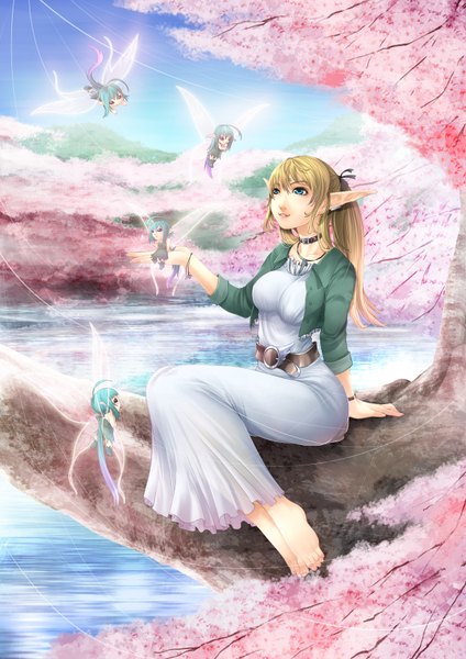 Anime picture 2480x3508 with tomokatsu (artist) tall image highres blue eyes blonde hair sitting ponytail barefoot pointy ears cherry blossoms elf fairy tree sitting girl plant (plants) wings tree (trees) water belt