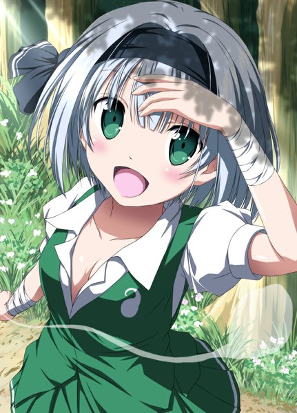 Anime picture 794x1104 with touhou konpaku youmu nori tamago single tall image looking at viewer short hair open mouth green eyes silver hair ghost girl dress skirt plant (plants) tree (trees) hairband bandage (bandages) skirt set