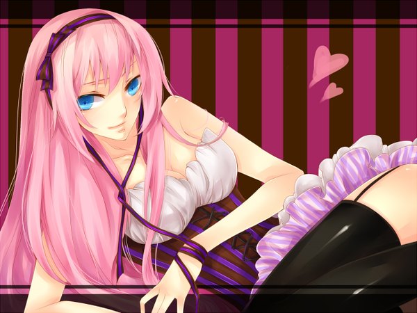 Anime picture 1280x960 with vocaloid megurine luka blue eyes light erotic pink hair girl thighhighs ribbon (ribbons) black thighhighs heart hairband