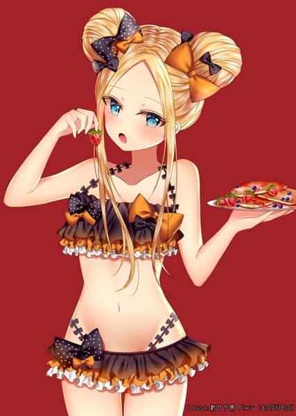 Anime picture 3000x4216 with fate (series) fate/grand order abigail williams (fate) junpaku karen single long hair tall image looking at viewer blush fringe highres open mouth blue eyes light erotic blonde hair simple background standing bare shoulders holding signed