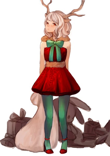 Anime picture 2480x3508 with original ikoan single tall image looking at viewer fringe highres short hair simple background red eyes standing white background bare shoulders animal ears silver hair full body horn (horns) high heels fur trim hands behind back