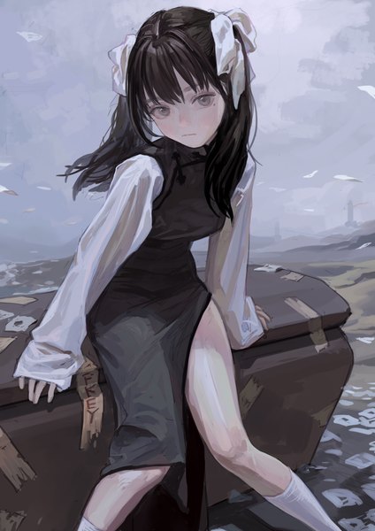 Anime picture 1000x1415 with original eyeball bracelet girl (fkey) fkey single long hair tall image looking at viewer fringe black hair sitting signed outdoors blunt bangs long sleeves traditional clothes head tilt mole arm support grey eyes two side up