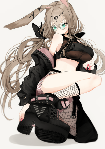 Anime picture 850x1204 with original narue single long hair tall image blush fringe breasts light erotic simple background hair between eyes brown hair large breasts white background twintails green eyes animal ears looking away full body nail polish