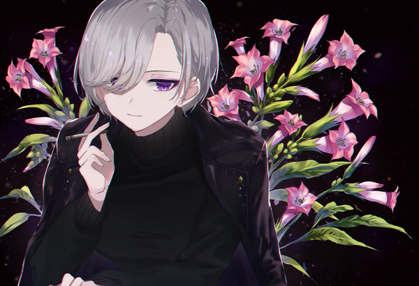 Anime picture 1500x1026 with original kusaka kou single fringe short hair purple eyes silver hair hair over one eye black background expressionless clothes on shoulders girl flower (flowers) turtleneck cigarette