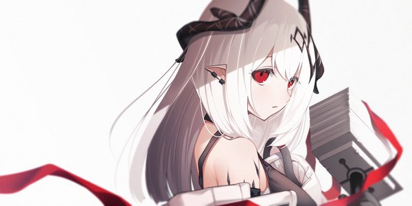 Anime picture 2048x1024 with arknights mudrock (arknights) the cold single long hair fringe highres simple background red eyes wide image white background upper body white hair horn (horns) piercing ear piercing oripathy lesion (arknights) girl hair ornament ribbon (ribbons)