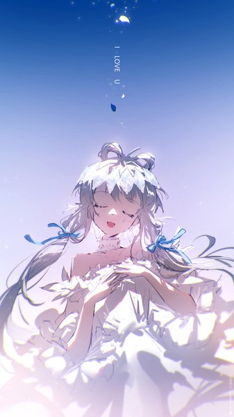 Anime picture 1575x2800 with vocaloid vocaloid china luo tianyi lengchan (fu626878068) single long hair tall image open mouth simple background silver hair upper body eyes closed head tilt gradient background text hand on chest english tress ribbon girl dress