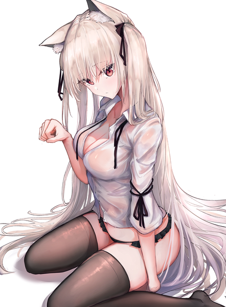 Anime picture 2894x3926 with original gu luco single tall image looking at viewer fringe highres breasts light erotic simple background hair between eyes red eyes large breasts white background sitting animal ears payot cleavage silver hair full body