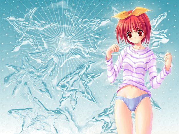 Anime picture 1024x768 with akamaru single blush short hair light erotic red eyes red hair looking down girl underwear panties bow hair bow water