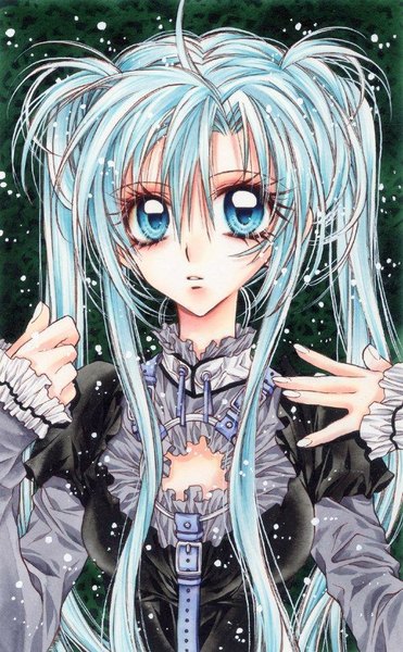 Anime picture 610x986 with ion (manga) tsuburagi ion tanemura arina single long hair tall image looking at viewer fringe blue eyes twintails blue hair ahoge parted lips fingernails lips girl lead