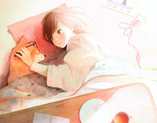 Anime picture 1500x1177 with original nakamura hinata single blush fringe short hair brown hair holding brown eyes looking away indoors lying long sleeves from above on side striped shiba inu girl animal glasses