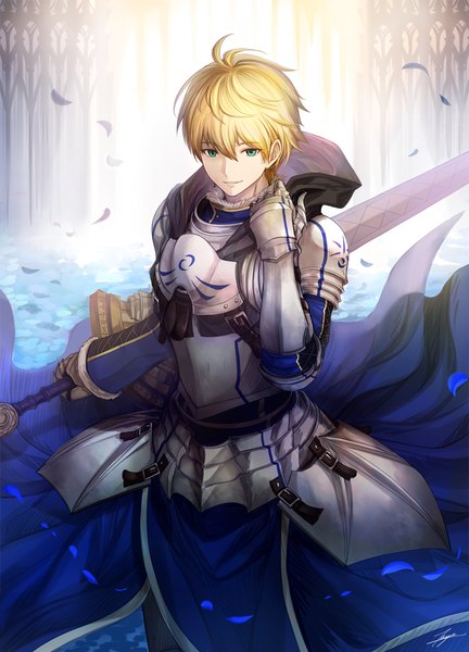 Anime picture 864x1200 with fate (series) fate/prototype arthur pendragon (fate) tenyo0819 single tall image fringe short hair blonde hair smile hair between eyes green eyes boy weapon petals sword armor