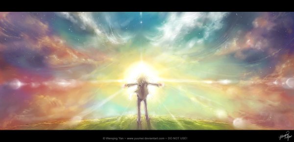 Anime picture 1280x619 with original yuumei single short hair blonde hair wide image standing signed sky cloud (clouds) from behind sunlight spread arms plant (plants) grass sunflower