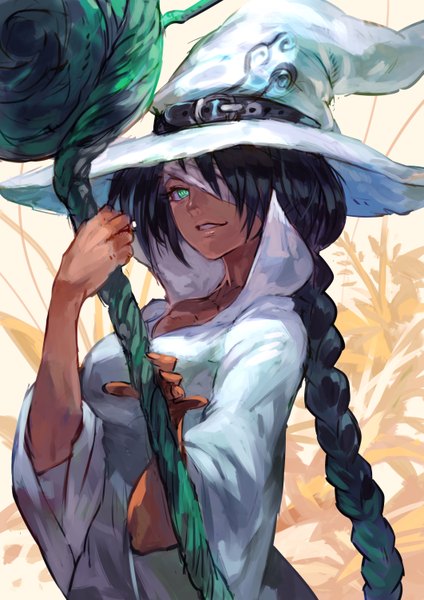 Anime picture 1061x1500 with original lack single long hair tall image looking at viewer breasts black hair smile green eyes cleavage braid (braids) witch bandage over one eye girl plant (plants) hat bandage (bandages) witch hat staff