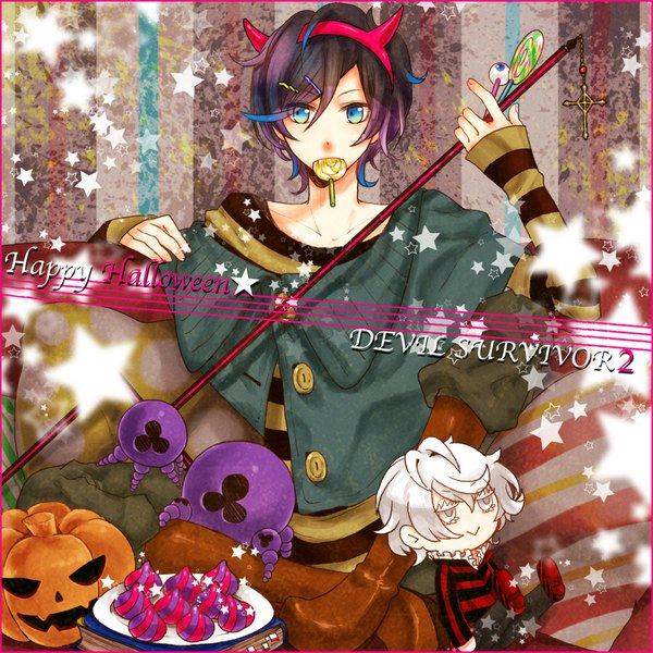 Anime picture 1000x1000 with shin megami tensei protagonist (devil survivor) anguished one fuzai kimi single short hair blue eyes black hair sitting holding blue hair silver hair purple hair horn (horns) crossed legs striped halloween silver eyes striped background eyes