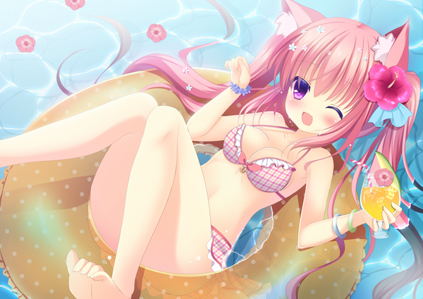 Anime picture 1000x707 with original shibainu niki single looking at viewer blush breasts open mouth light erotic twintails purple eyes animal ears pink hair very long hair one eye closed hair flower wink cat ears afloat girl flower (flowers)